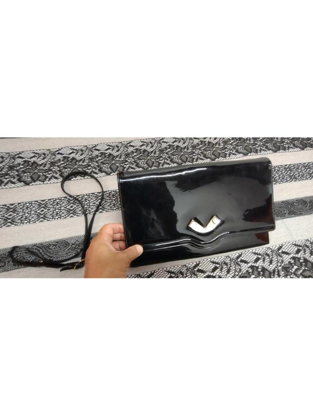 Vintage 60s 70s Lewis Wide Purse Black Patent Vinyl Clutch Gold Silver Hardware